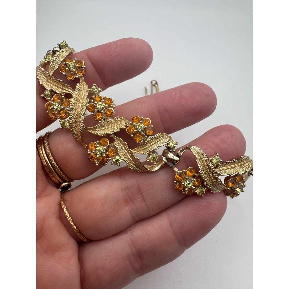 Vintage Coro Necklace Gold Tone Orange Rhinestone Flower Leaf Bib - Picture 11 of 11